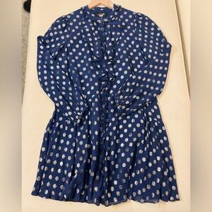 SALONI Dress - Women’s 6 Navy Blue Silver - Ruffle Drop Waist Mini Long Sleeve